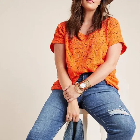 Anthropologie orange lace top with bead detail. - Picture 4 of 9